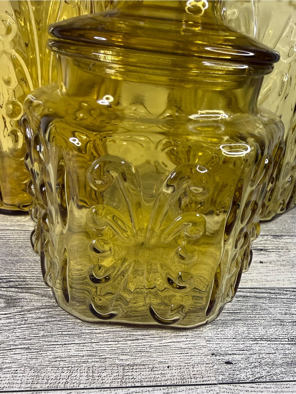 vintage LE Smith Amber Glass Atterbury Scroll canister set of 3 - Picture 3 of 8